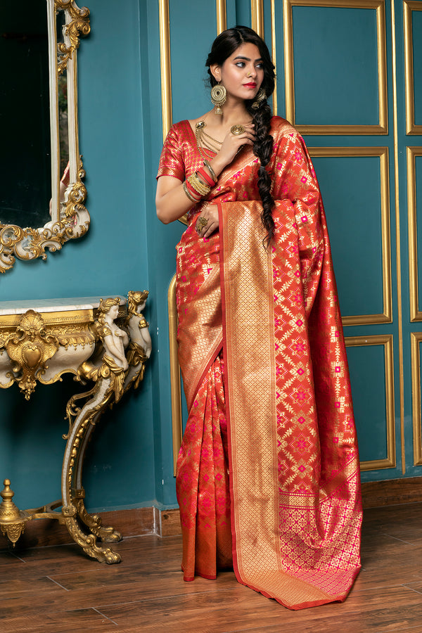 Red Golden Weaving Banarasi Silk Bridal Wear Saree ClothsVilla