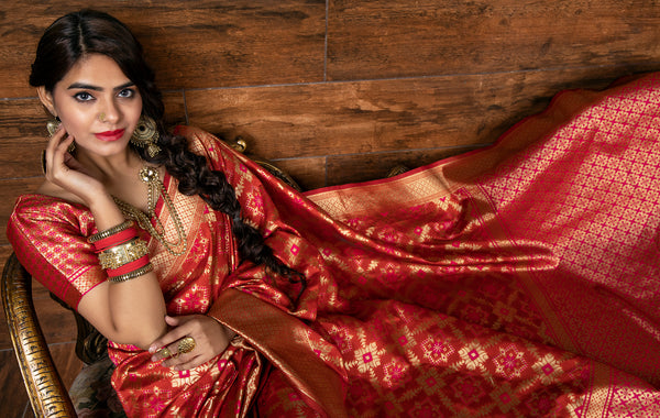 Red Golden Weaving Banarasi Silk Bridal Wear Saree ClothsVilla