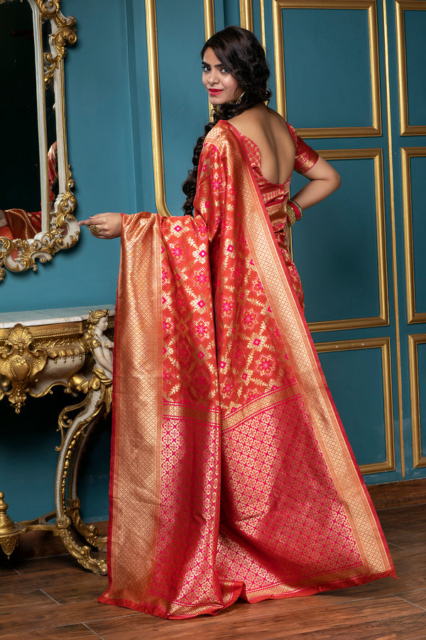 Red Golden Weaving Banarasi Silk Bridal Wear Saree ClothsVilla
