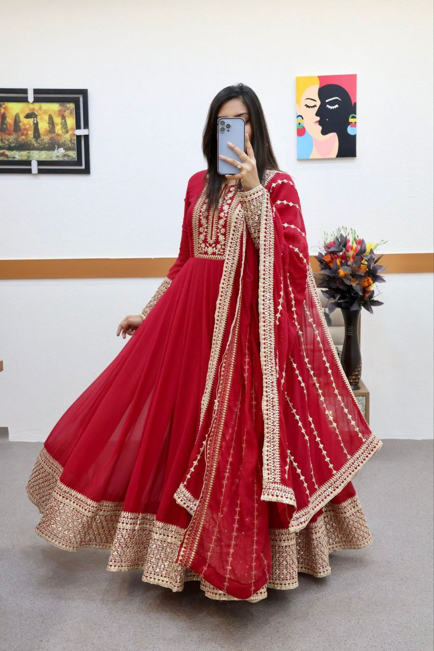 Red Gown in Faux Georgette with Embroidery Sequence Work ClothsVilla