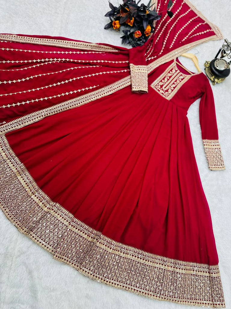 Red Gown in Faux Georgette with Embroidery Sequence Work ClothsVilla