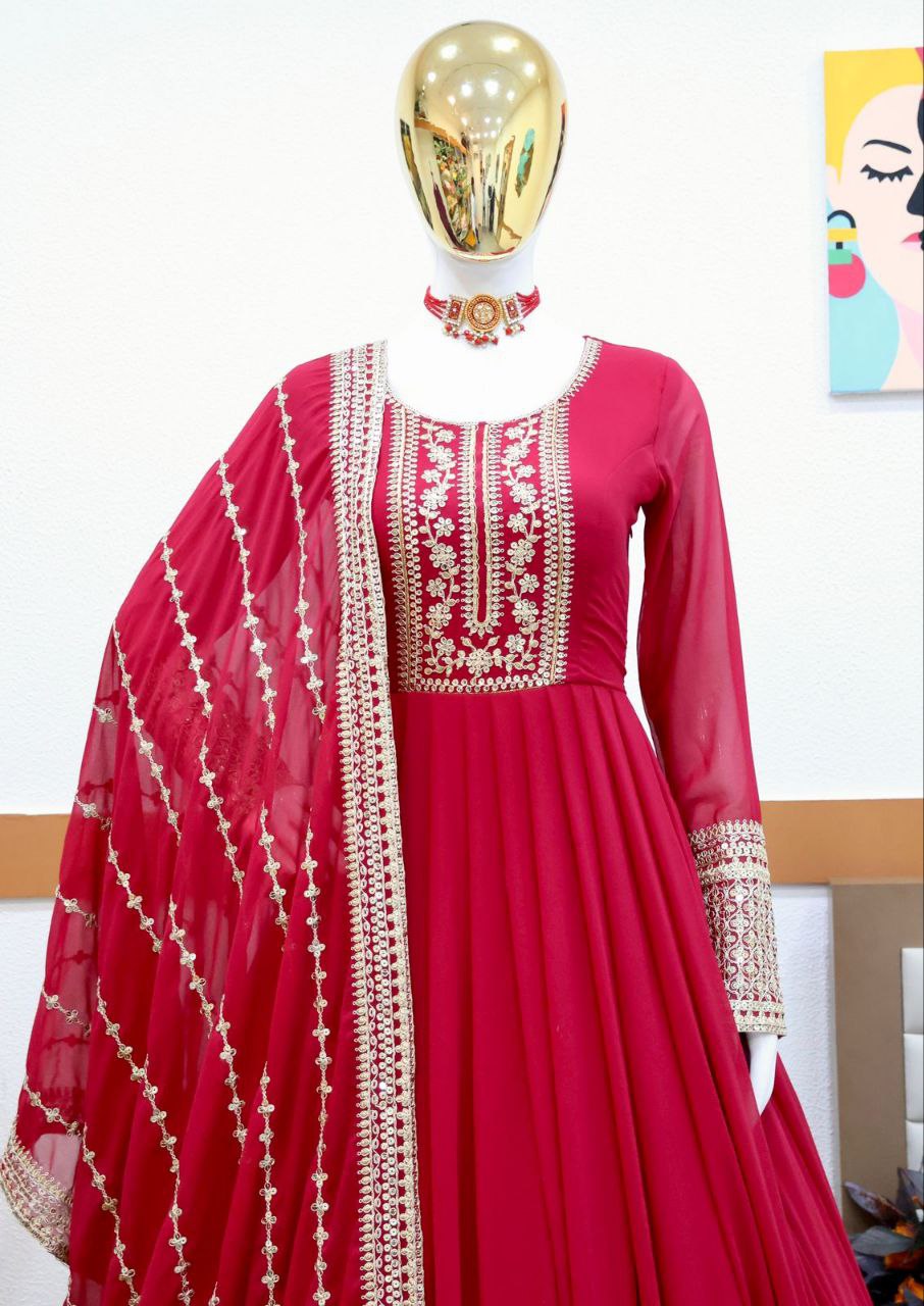 Red Gown in Faux Georgette with Embroidery Sequence Work ClothsVilla