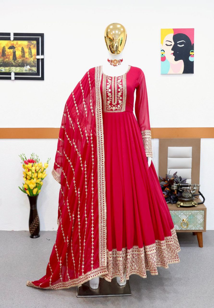 Red Gown in Faux Georgette with Embroidery Sequence Work ClothsVilla