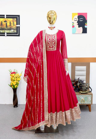 Red Gown in Faux Georgette with Embroidery Sequence Work ClothsVilla