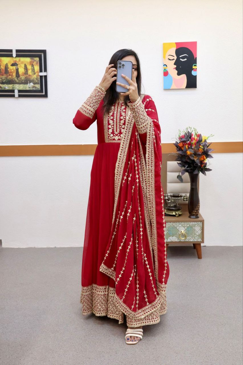 Red Gown in Faux Georgette with Embroidery Sequence Work ClothsVilla