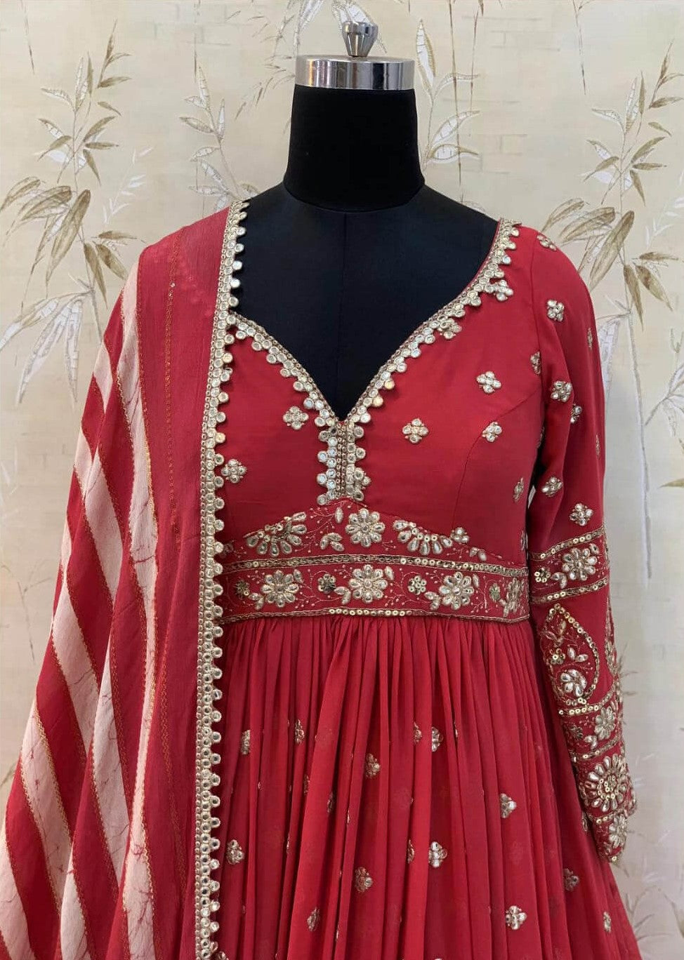 Red Gown in Georgette With Foil Mirror Work Clothsvilla