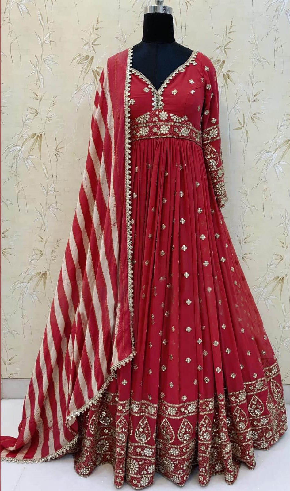 Red Gown in Georgette With Foil Mirror Work Clothsvilla Main image