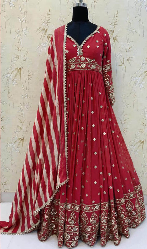 Red Gown in Georgette With Foil Mirror Work Clothsvilla Main image