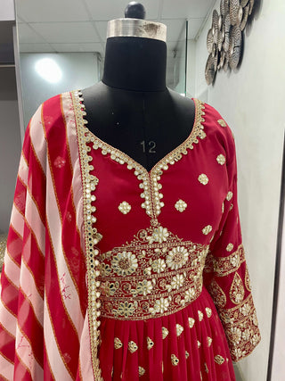 Red Gown in Georgette With Foil Mirror Work Clothsvilla