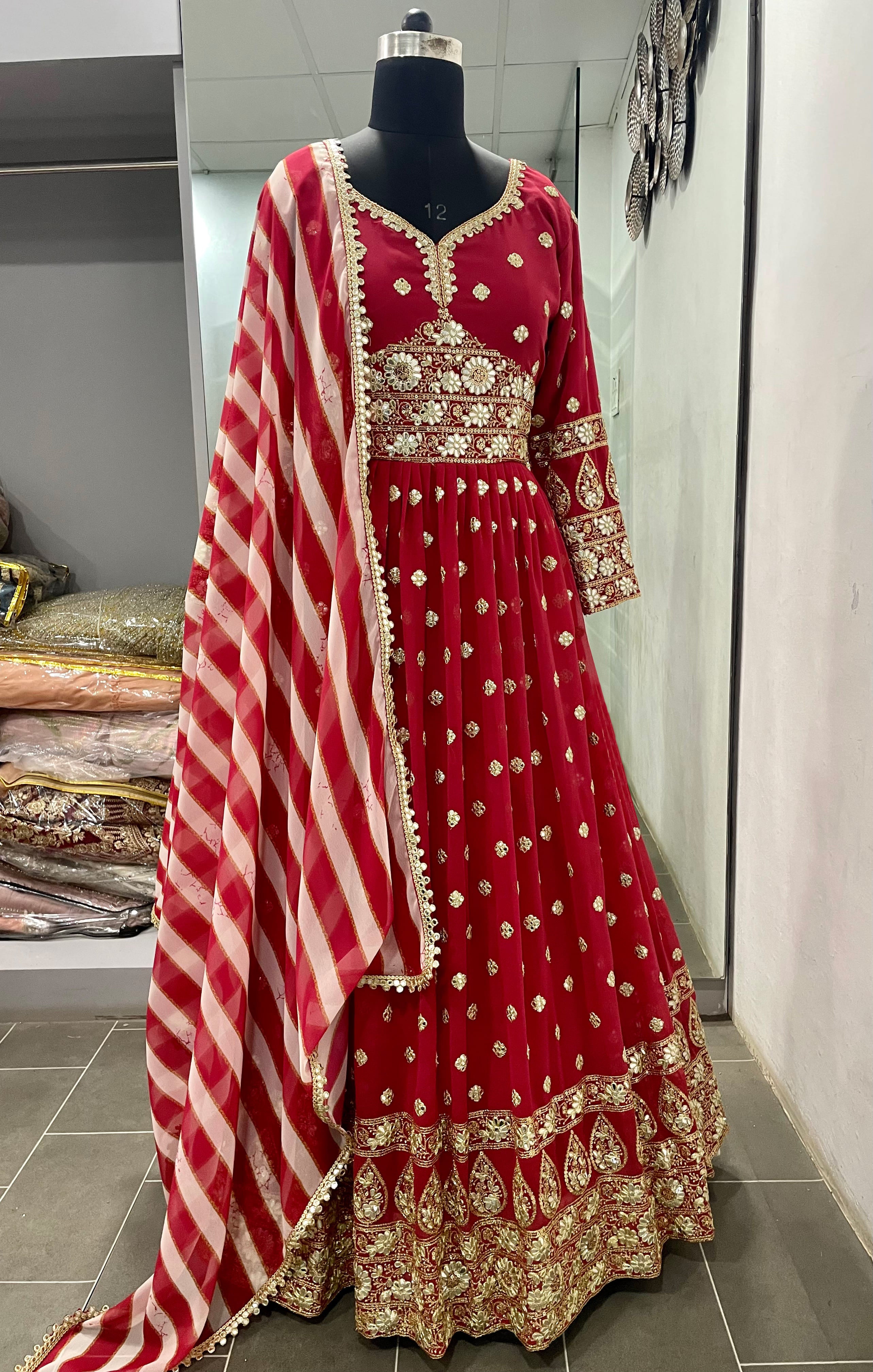 Red Gown in Georgette With Foil Mirror Work Secondary image