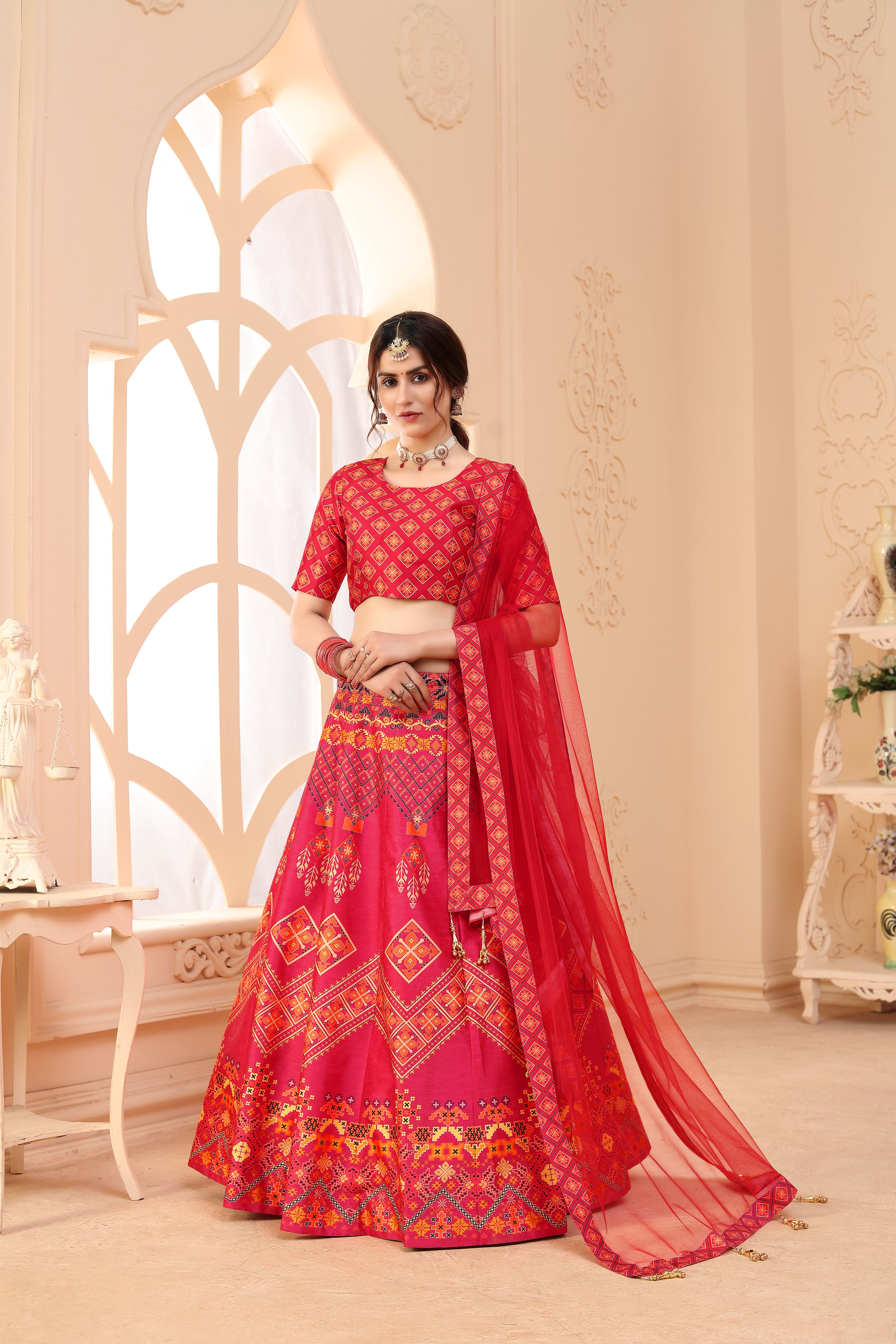 Red Lehenga Choli For Women Digital Print Festive Wear Lengha Choli With Dupatta,Indian Traditional Wedding Bridal Ghagra Choli ClothsVilla