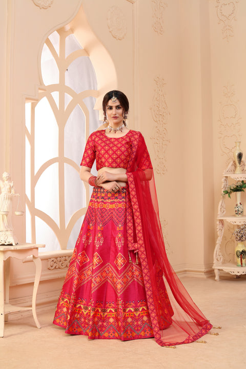 Red Lehenga Choli For Women Digital Print Festive Wear Lengha Choli With Dupatta,Indian Traditional Wedding Bridal Ghagra Choli ClothsVilla Main image