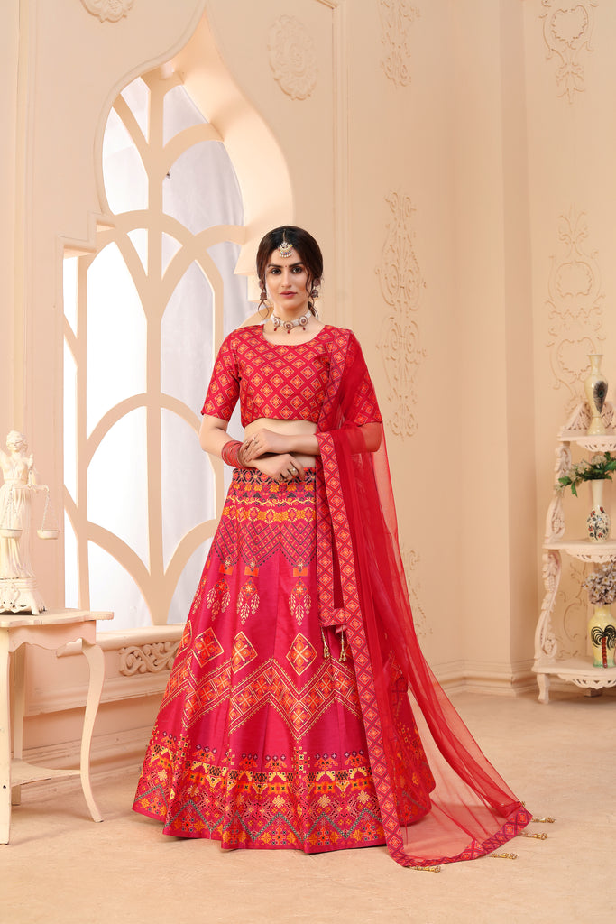 Red Lehenga Choli For Women Digital Print Festive Wear Lengha Choli With Dupatta,Indian Traditional Wedding Bridal Ghagra Choli ClothsVilla