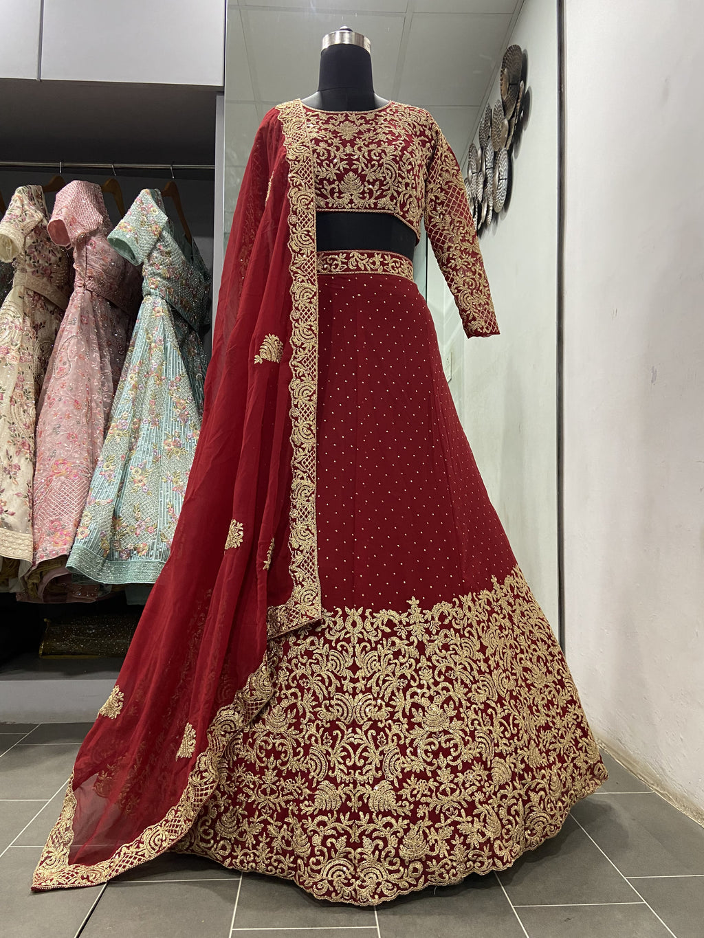 Red Lehenga Choli in Georgette With Mukaish Work Clothsvilla
