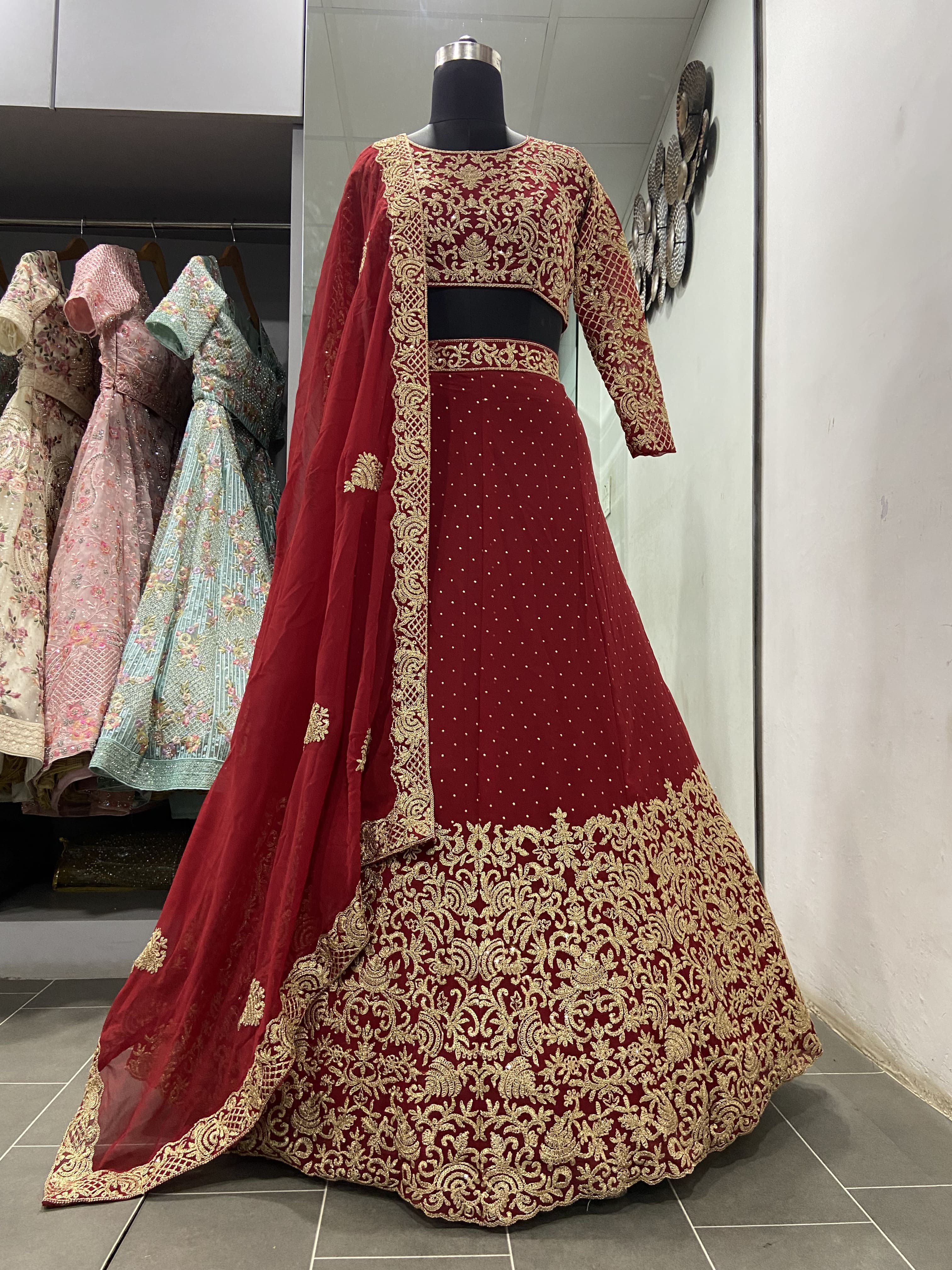 Red Lehenga Choli in Georgette With Mukaish Work Clothsvilla