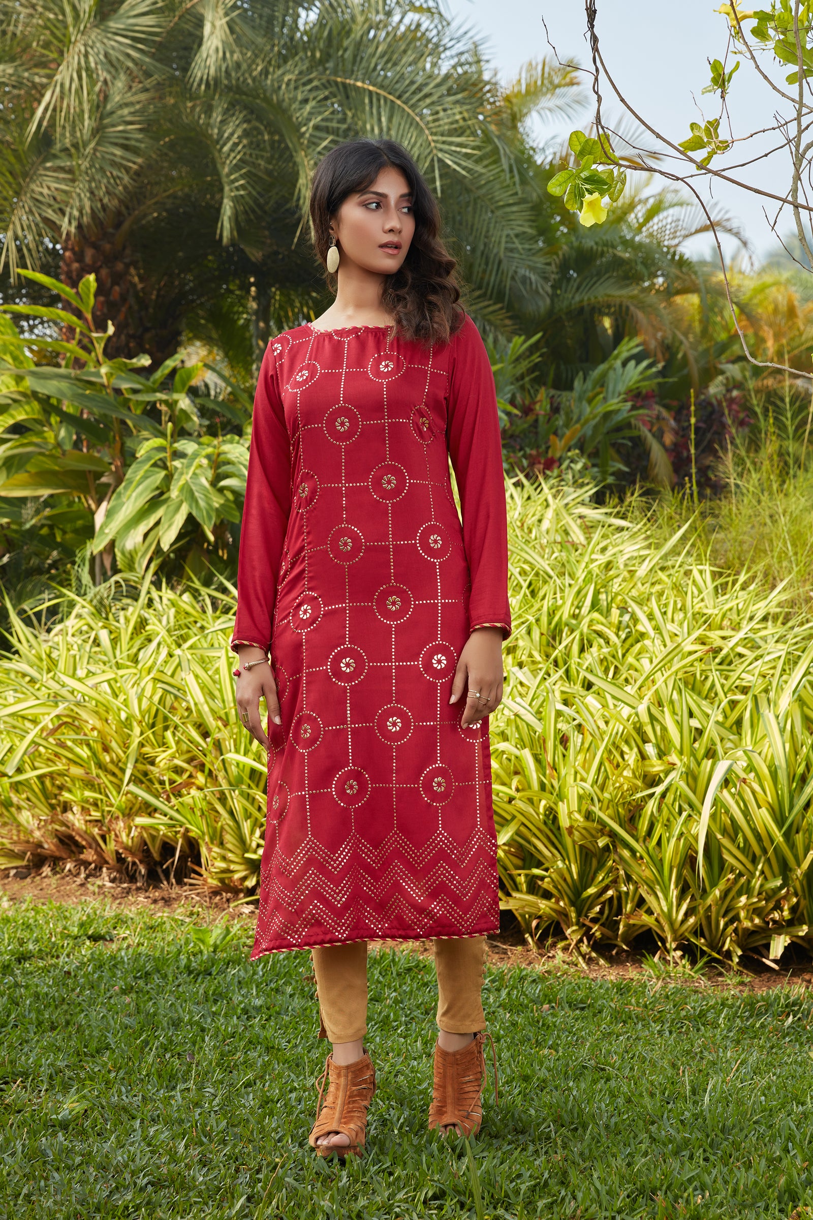 Red Mukaish Worked Cotton Readymade Kurti ClothsVilla