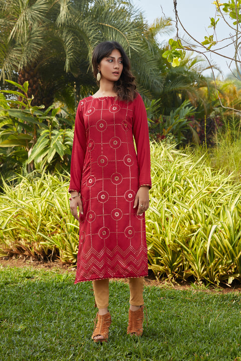 Red Mukaish Worked Cotton Readymade Kurti ClothsVilla Main image
