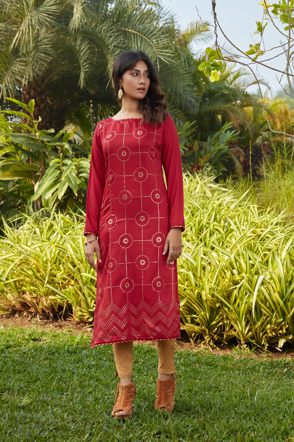 Red Mukaish Worked Cotton Readymade Kurti ClothsVilla