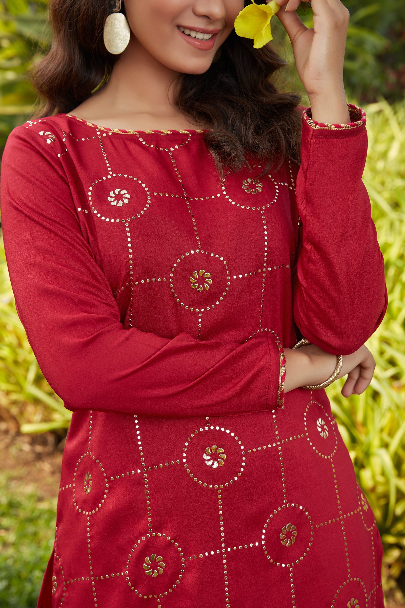 Red Mukaish Worked Cotton Readymade Kurti ClothsVilla