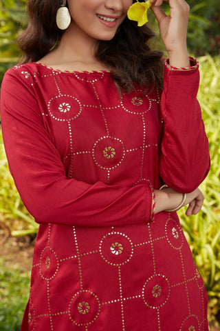 Red Mukaish Worked Cotton Readymade Kurti ClothsVilla