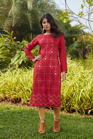 Red Mukaish Worked Cotton Readymade Kurti ClothsVilla