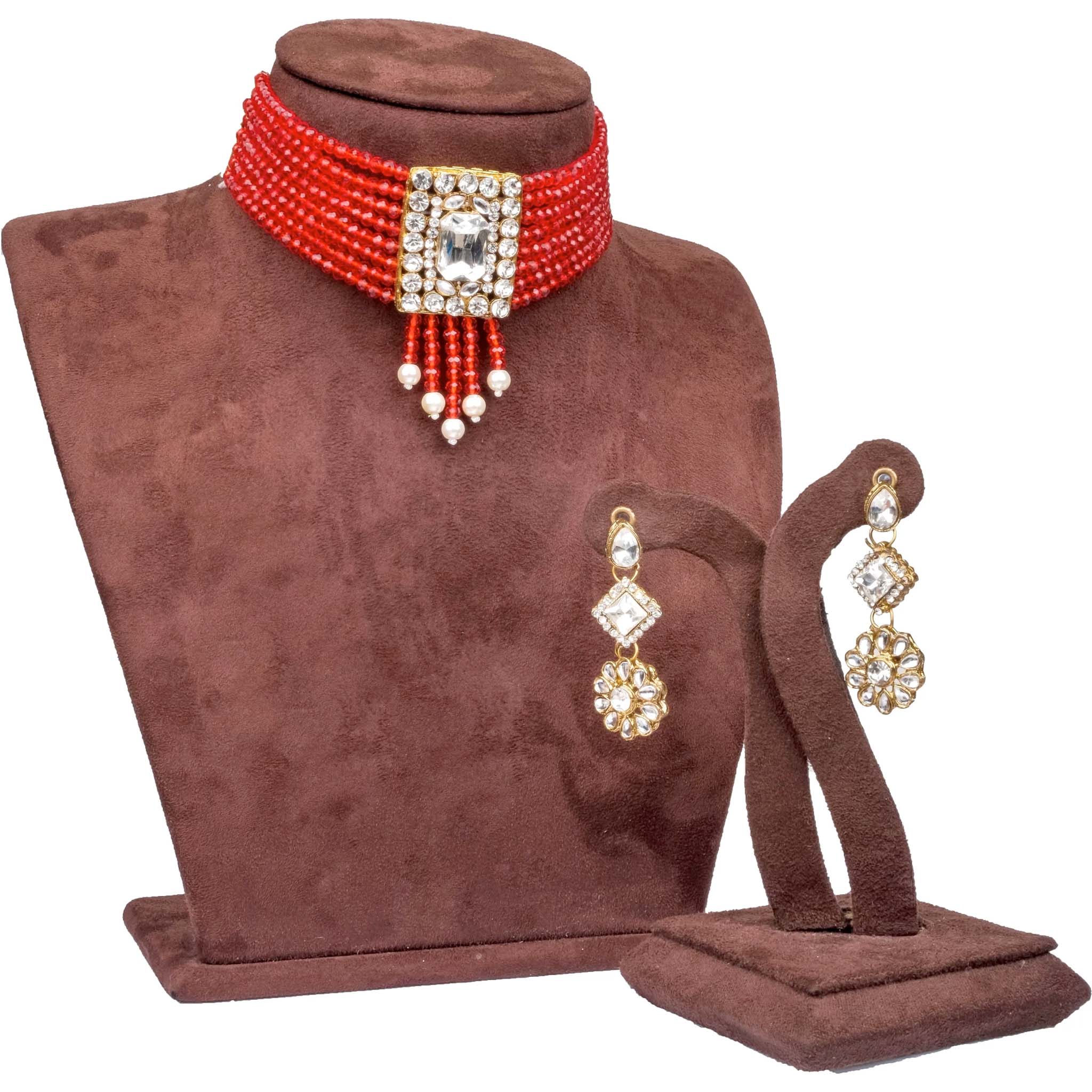 Red Pearl with Dimond Necklace Alloy Jewel Set ClothsVilla Main image