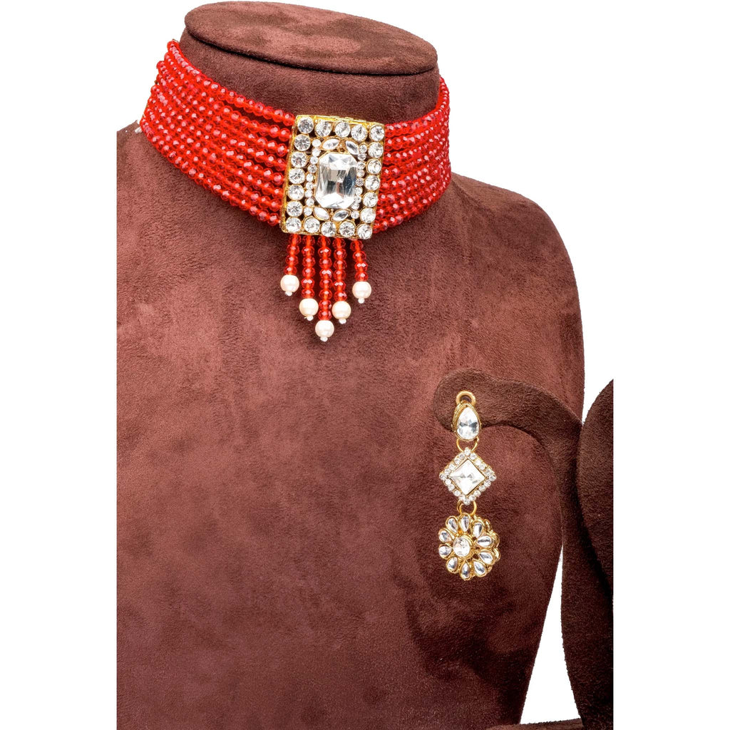 Red Pearl with Dimond Necklace Alloy Jewel Set ClothsVilla