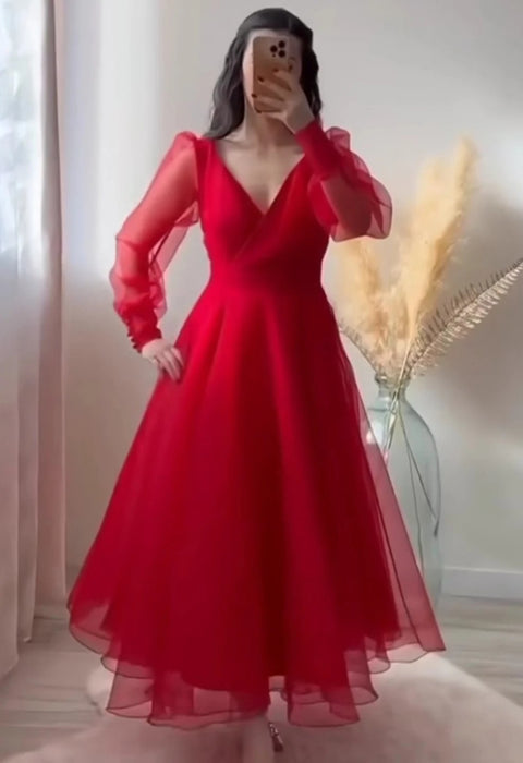 Red Prom Dresses V-Neck Puffy Sleeves A-Line Evening Gown for Wedding Clothsvilla Main image