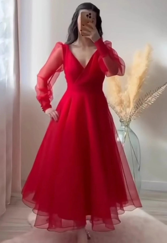 Red Prom Dresses V-Neck Puffy Sleeves A-Line Evening Gown for Wedding Clothsvilla