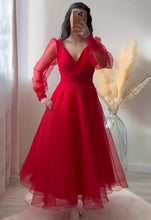 Load image into Gallery viewer, Red Prom Dresses V-Neck Puffy Sleeves A-Line Evening Gown for Wedding Clothsvilla