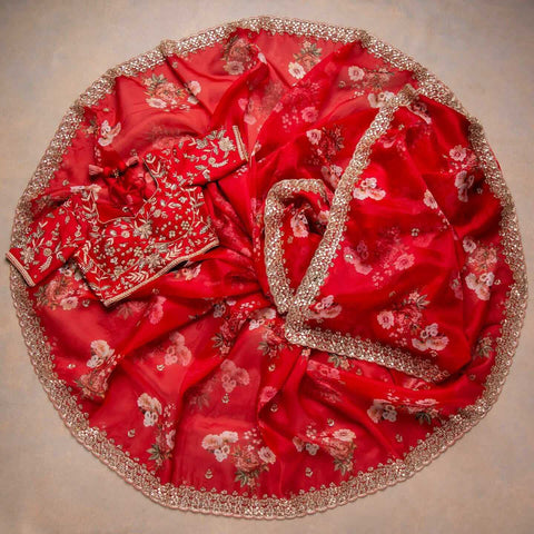 Red Saree in Organza Silk with Zari Work Clothsvilla Main image