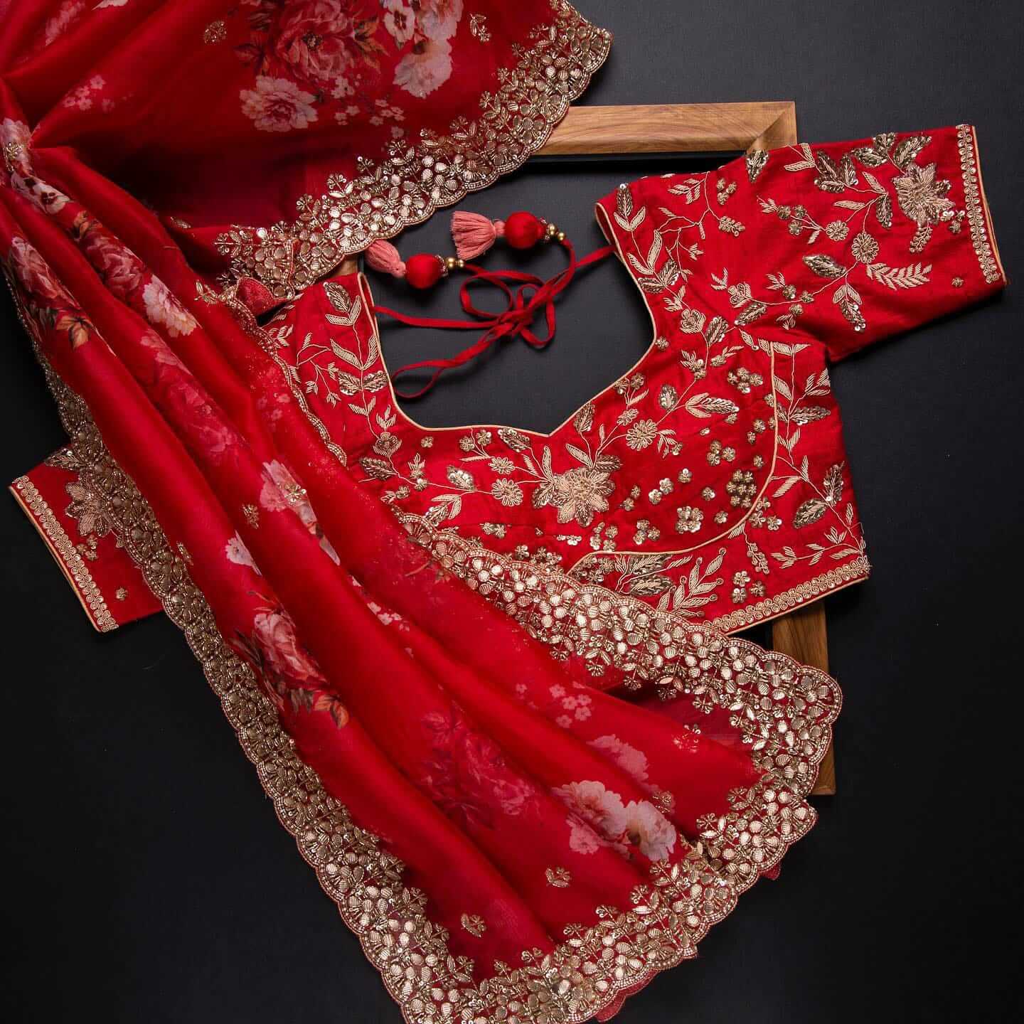 Red Saree in Organza Silk with Zari Work Clothsvilla