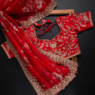 Red Saree in Organza Silk with Zari Work Clothsvilla
