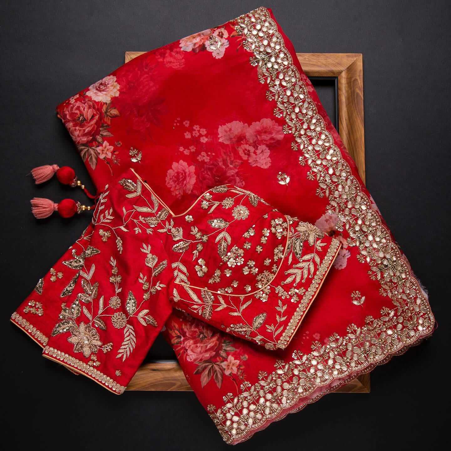 Red Saree in Organza Silk with Zari Work Clothsvilla