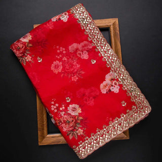 Red Saree in Organza Silk with Zari Work Clothsvilla