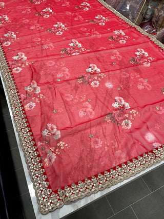 Red Saree in Organza Silk with Zari Work Clothsvilla