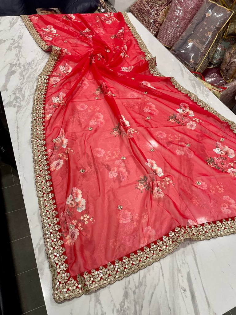 Red Saree in Organza Silk with Zari Work Clothsvilla