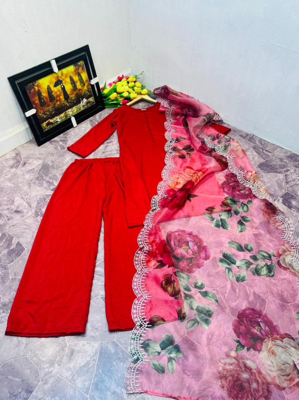 Red Sharara Palazzo Set in Cotton With Floral Dupatta ClothsVilla