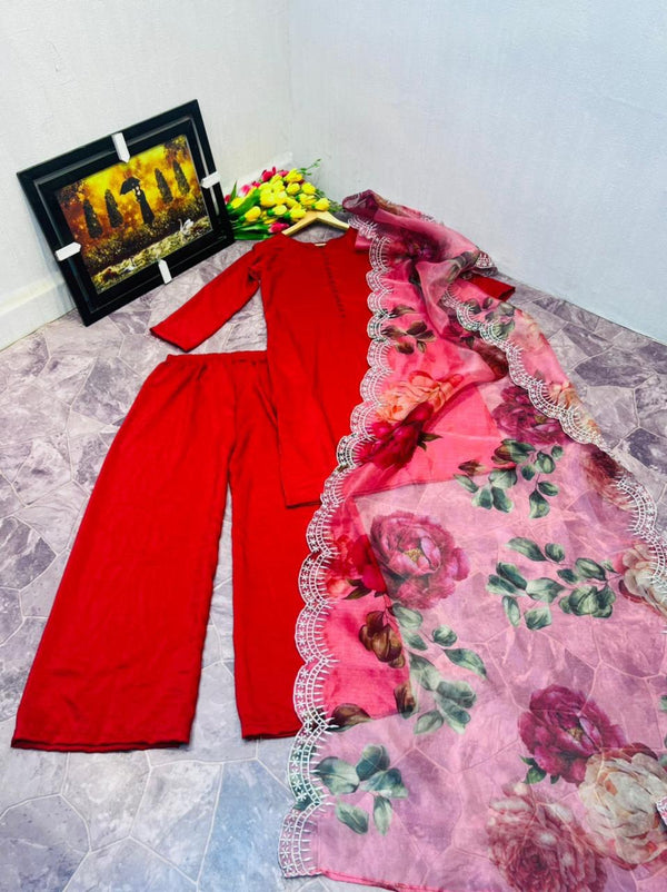 Red Sharara Palazzo Set in Cotton With Floral Dupatta ClothsVilla