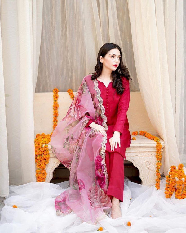 Red Sharara Palazzo Set in Cotton With Floral Dupatta ClothsVilla