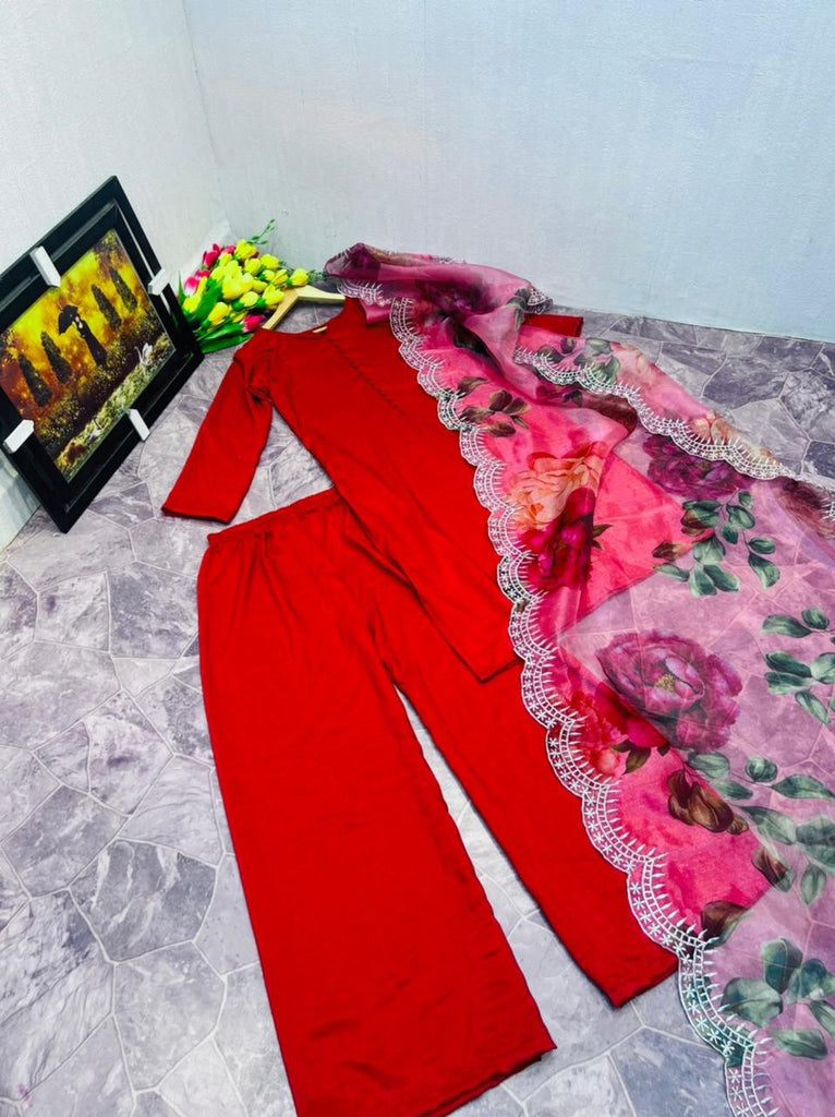 Red Sharara Palazzo Set in Cotton With Floral Dupatta ClothsVilla