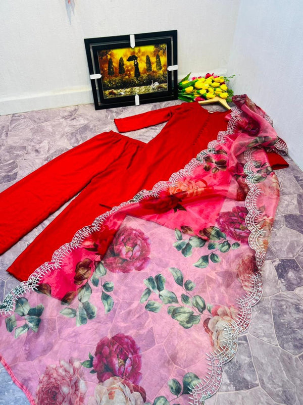 Red Sharara Palazzo Set in Cotton With Floral Dupatta ClothsVilla