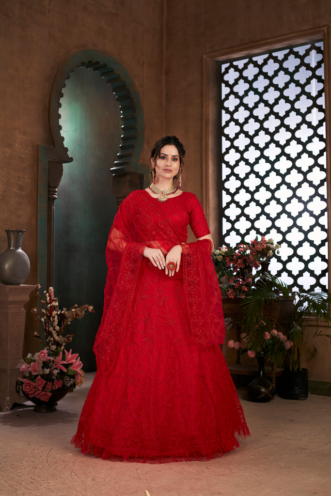 Red Thread Embroidered Net Wedding Wear Lehenga Choli ClothsVilla