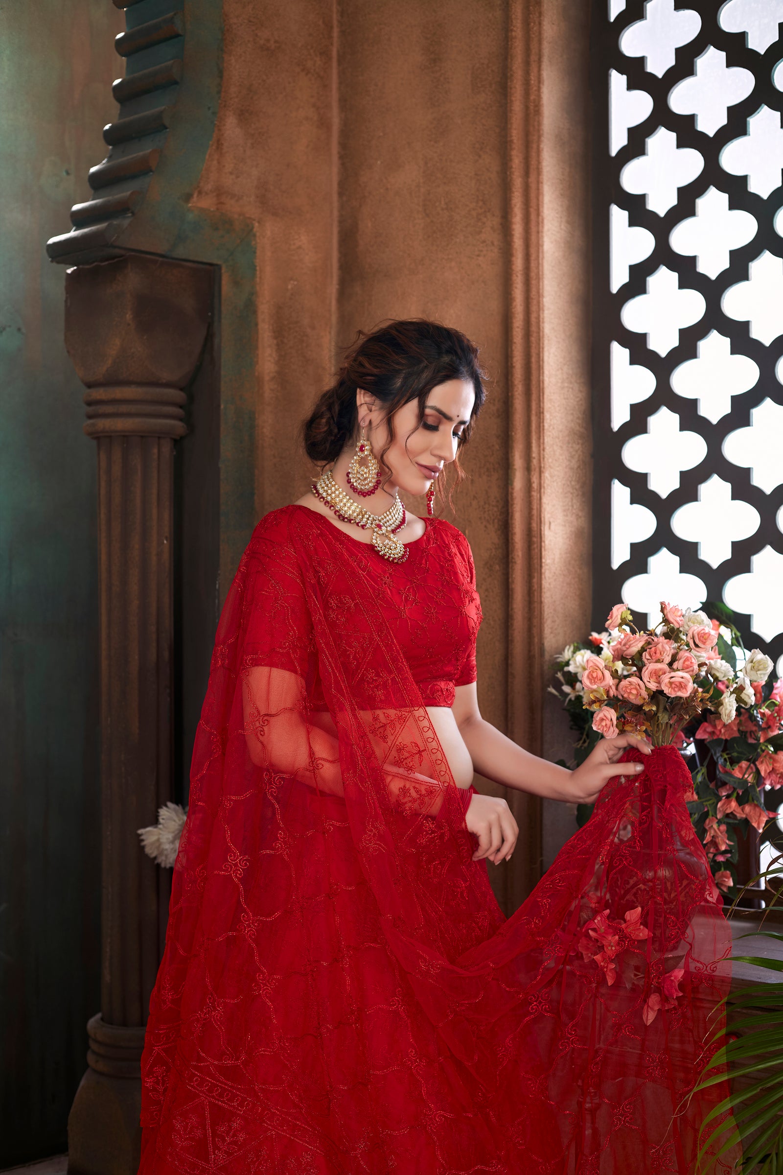 Red Thread Embroidered Net Wedding Wear Lehenga Choli ClothsVilla