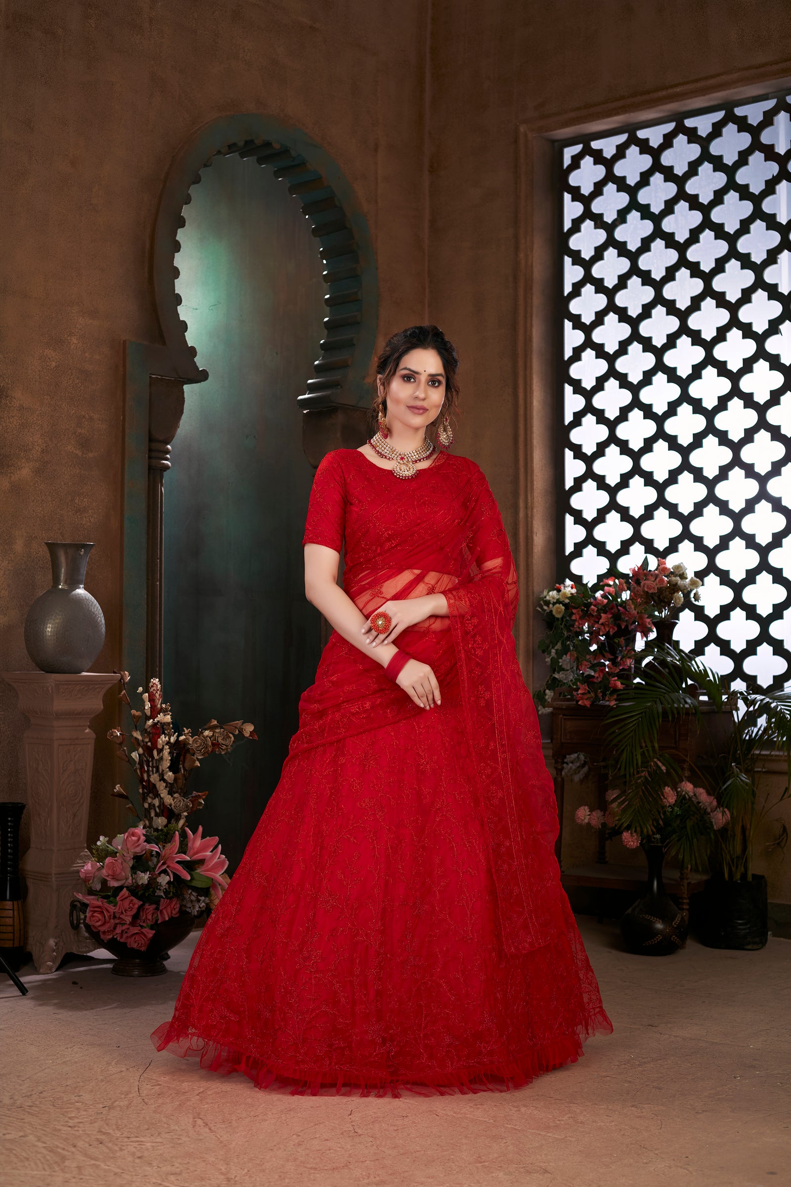Red Thread Embroidered Net Wedding Wear Lehenga Choli ClothsVilla