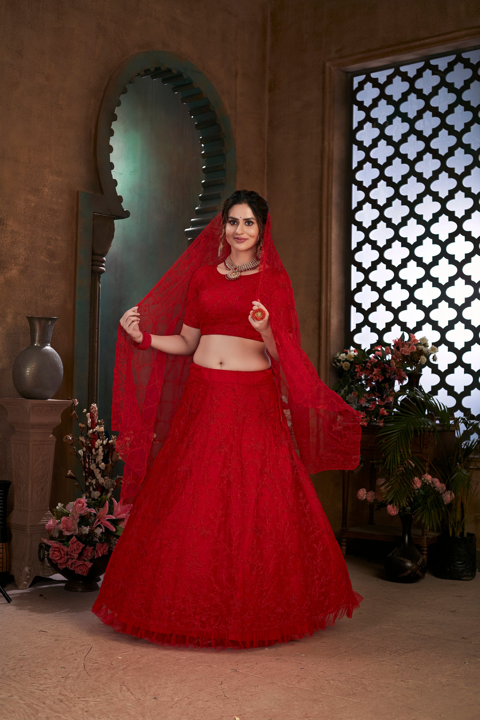 Red Thread Embroidered Net Wedding Wear Lehenga Choli ClothsVilla