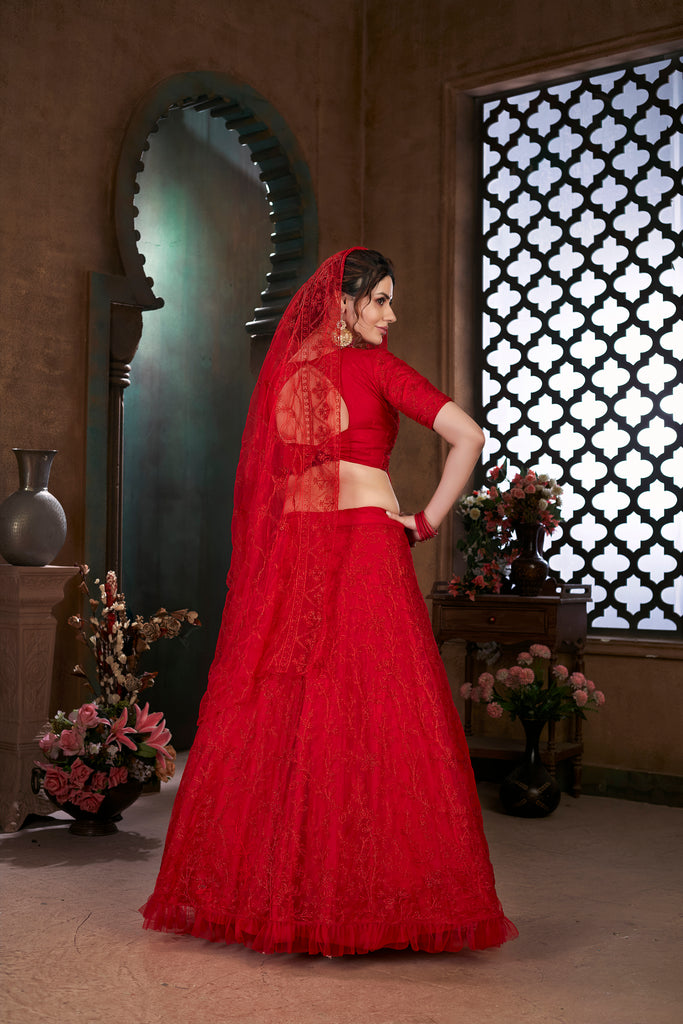 Red Thread Embroidered Net Wedding Wear Lehenga Choli ClothsVilla