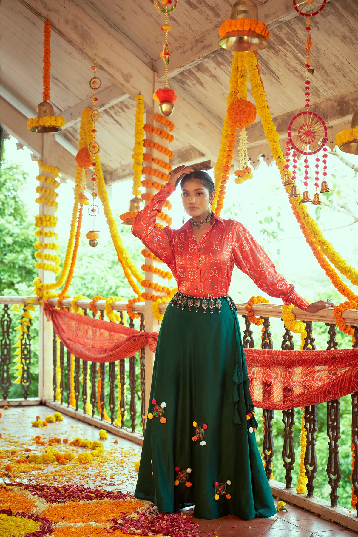 Red With Green Color Navratri Special Ready To Wear Croptop Lehenga Clothsvilla Main image