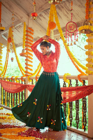Red With Green Color Navratri Special Ready To Wear Croptop Lehenga Clothsvilla