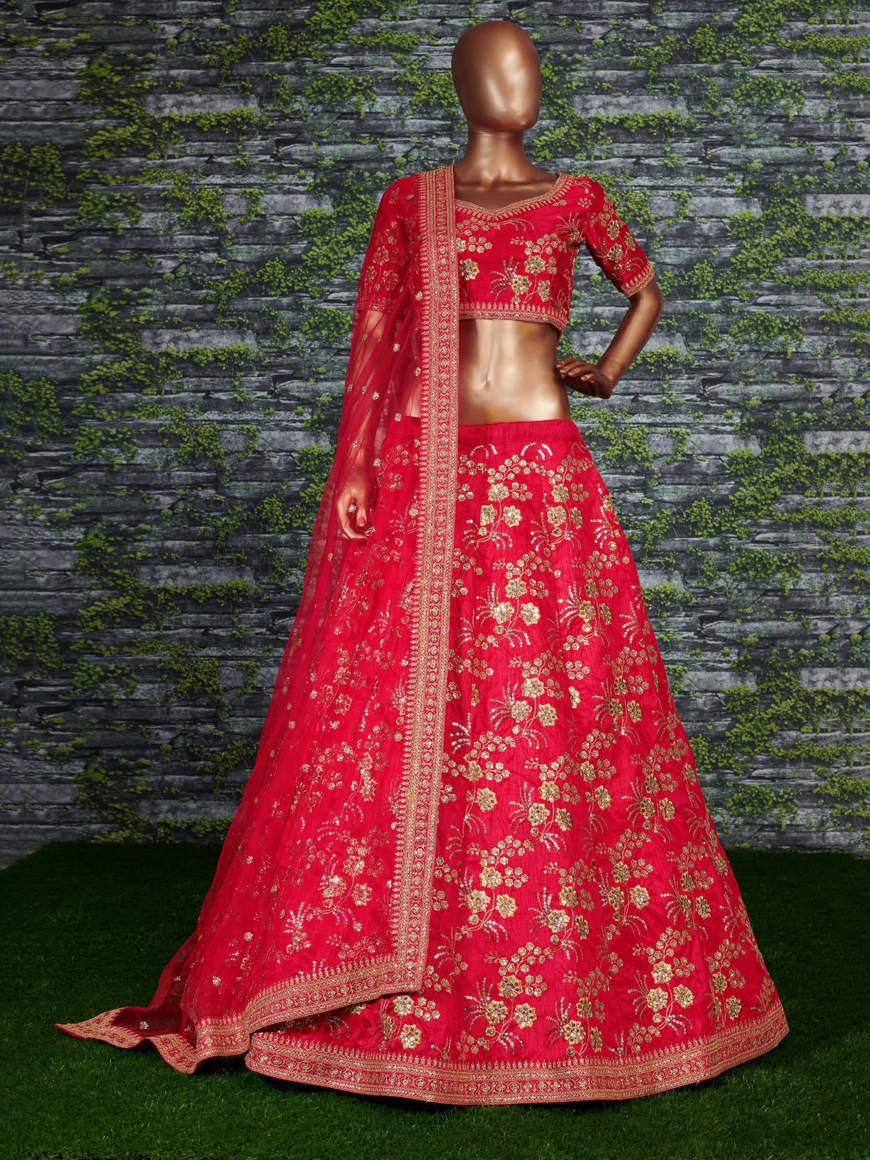 Hypnotic Red Colored Wedding Wear Embroidered Satin Lehenga Choli Secondary image